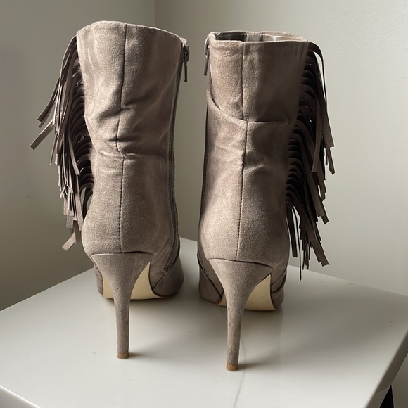Taupe Fringe Pointed Toe Booties Suede Fall Bootie - Picture 3 of 6